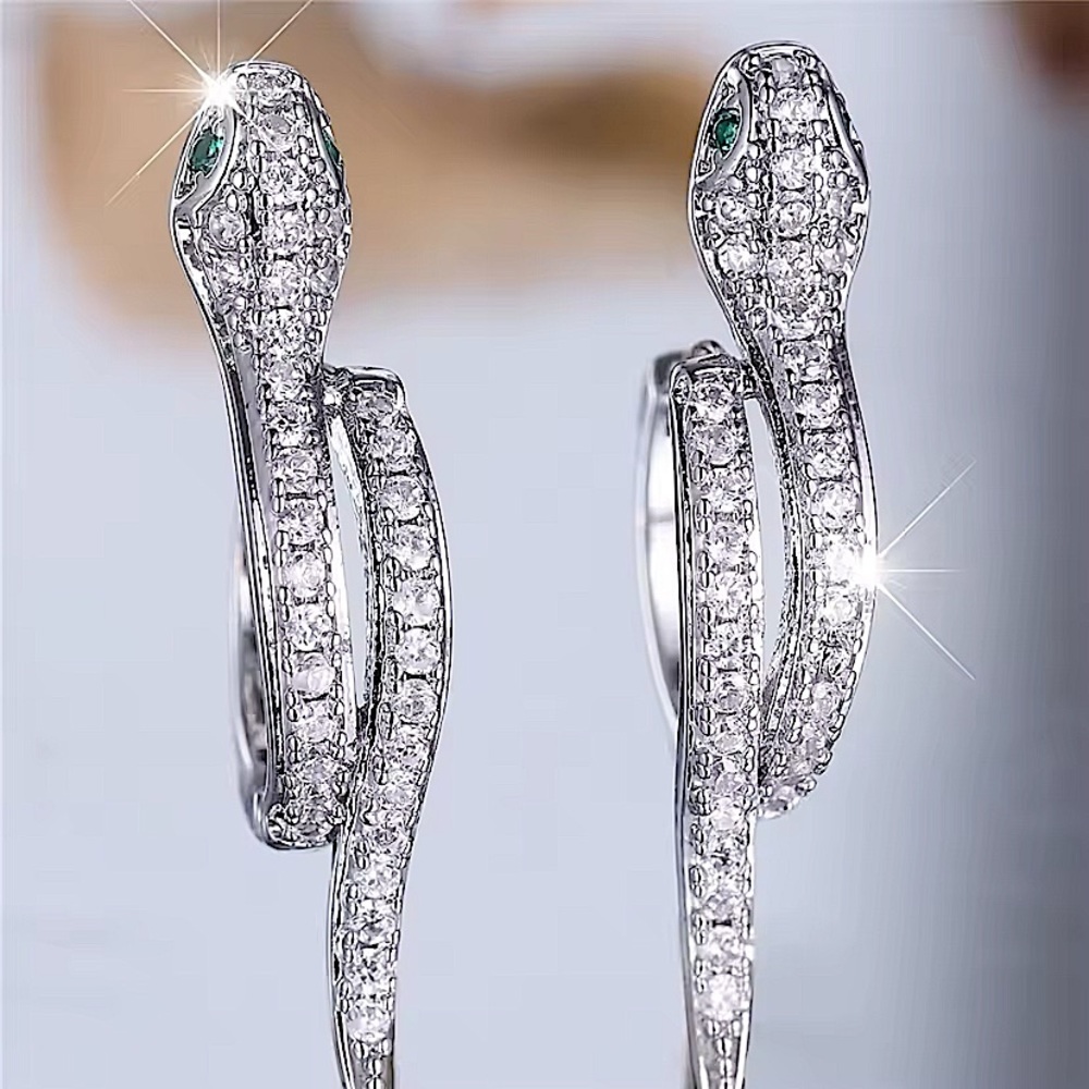 White Green Zircon Stone Snake Hoop Earrings Silver Wedding Jewelry For Women